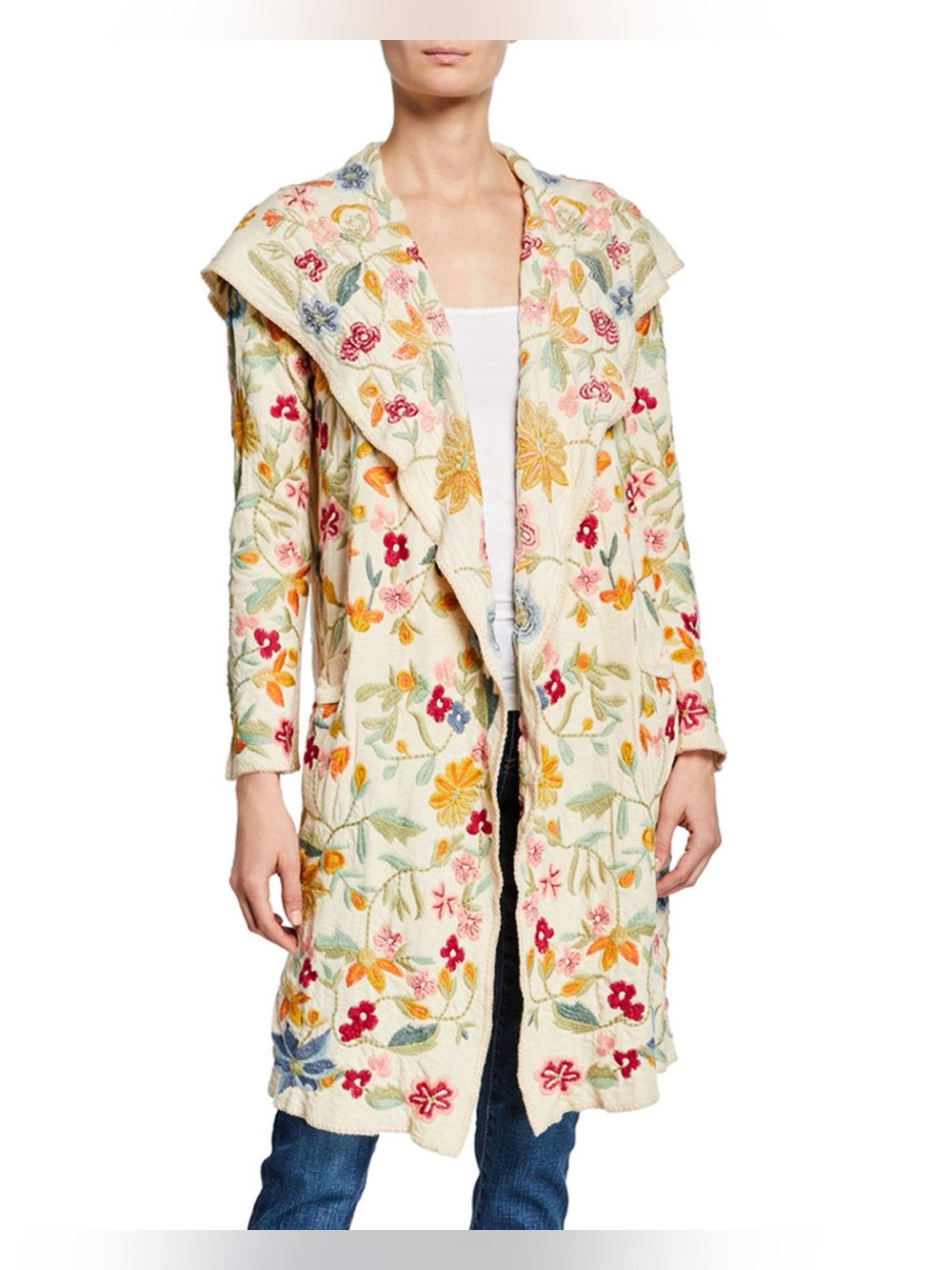 Johnny Was SACAI Hooded Duster Ecru Beige Jacket | Embroidery Floral | Size 1X